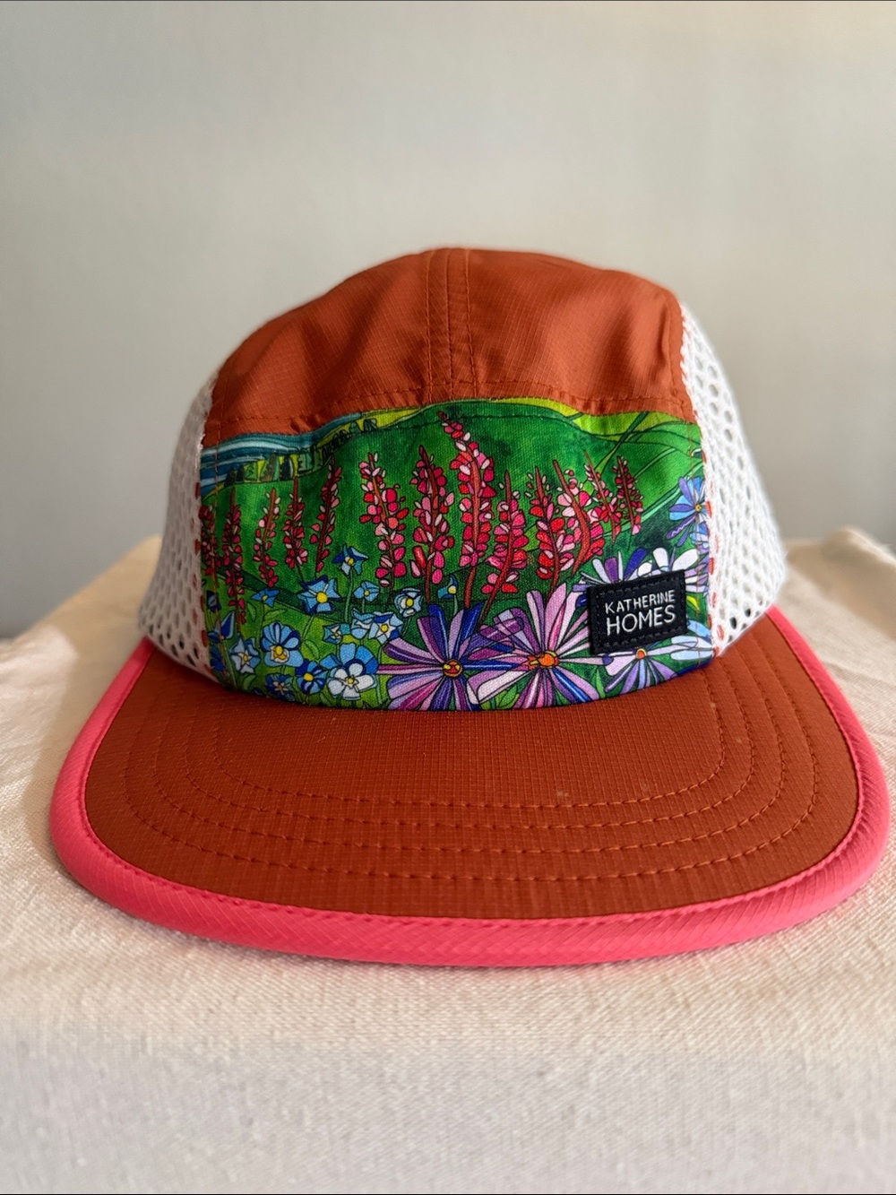 Floral Mesh Running Hat - Rust with Pink Trim